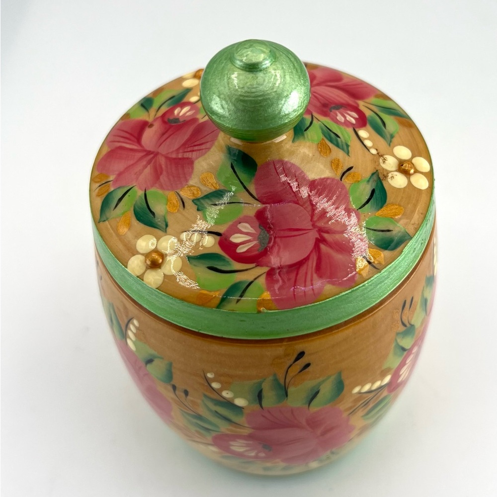 Vintage Wooden Jar Lid Hand Painted Flowers Lathe Turned Lacquered - Picture 2 of 10